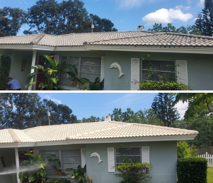 florida home showing before and after our power washing for tile roof
